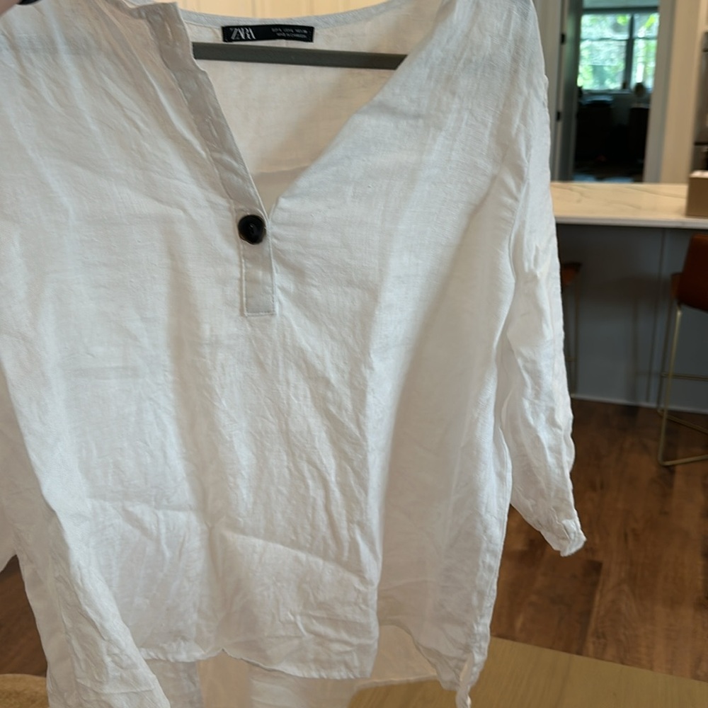 White linen Zara flowy top; size L; only worn once.